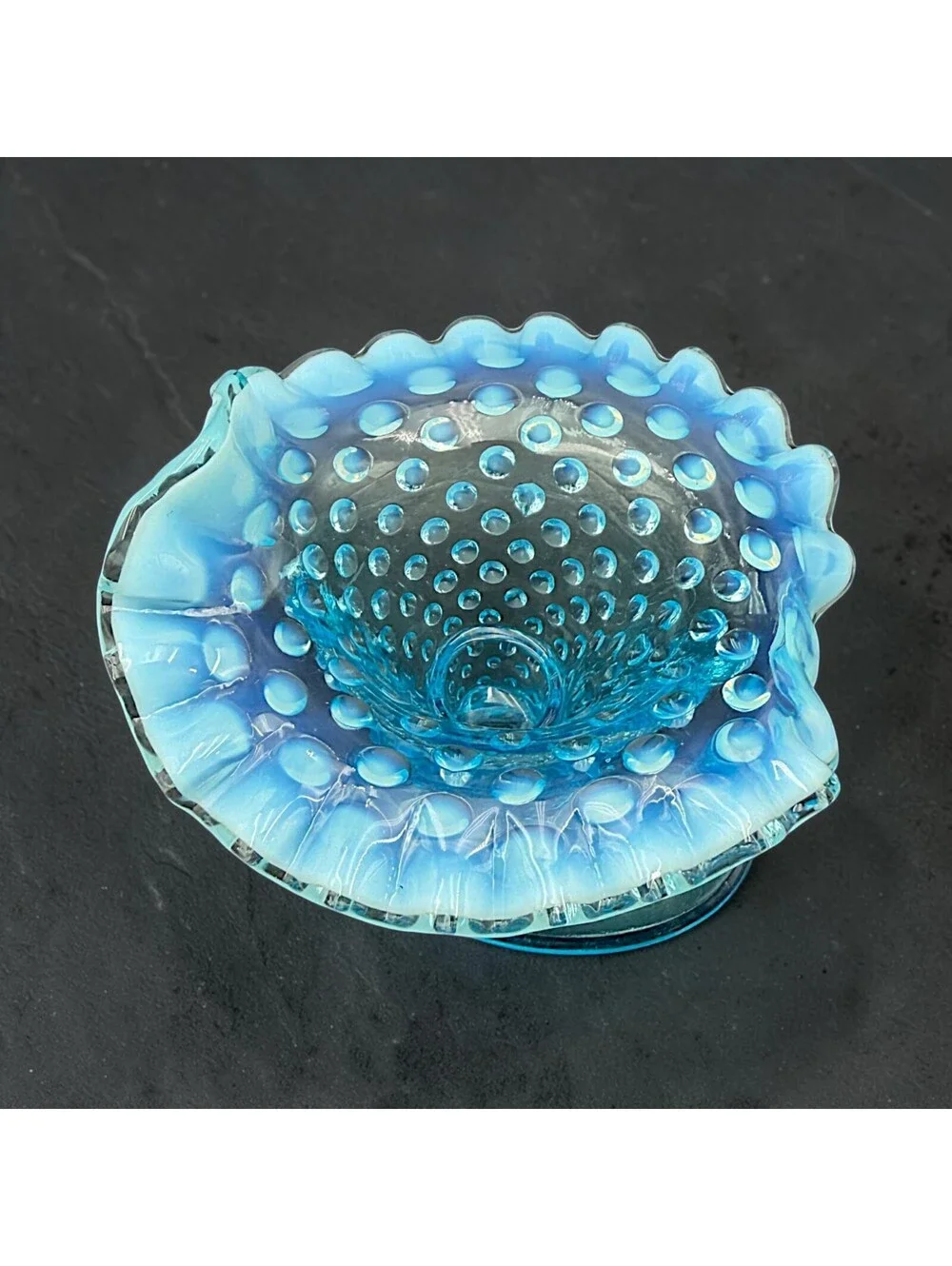 Vintage Fenton Blue Opalescent Hobnail Cornucopia Vase Candleholder 4.5